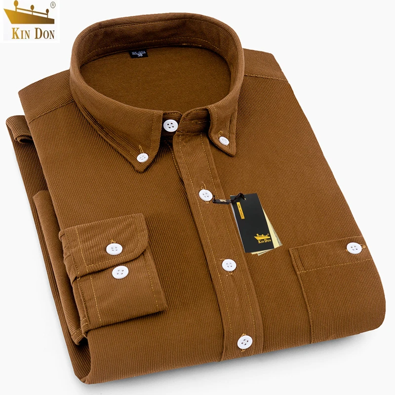KIN DON金盾春秋男士长袖纯色灯芯绒中老年韩版修身衬衣口袋爸爸