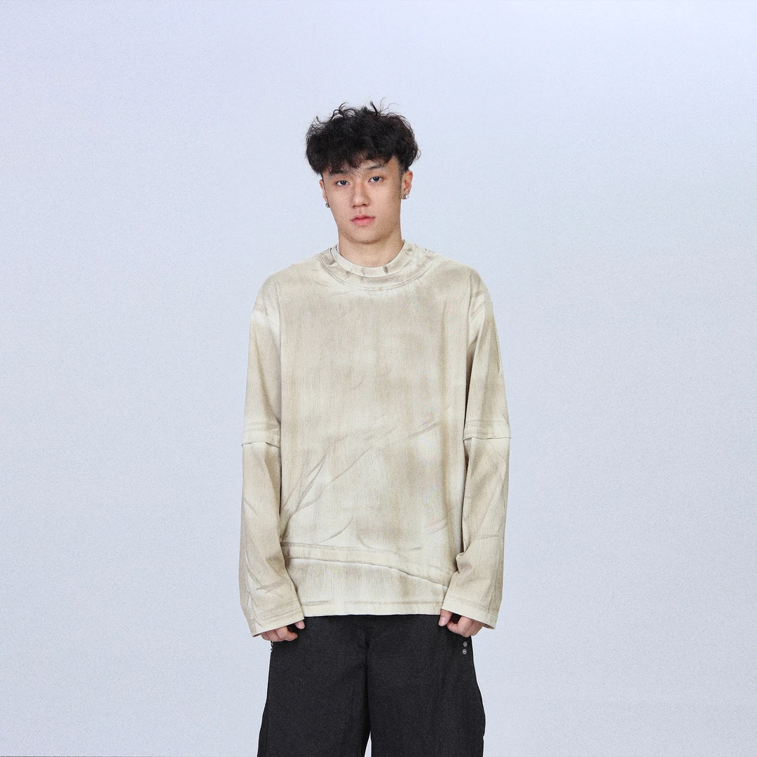 <0868-零捌陆捌>24FW小众双领口双下摆喷染做旧长袖T男女DirtyFit