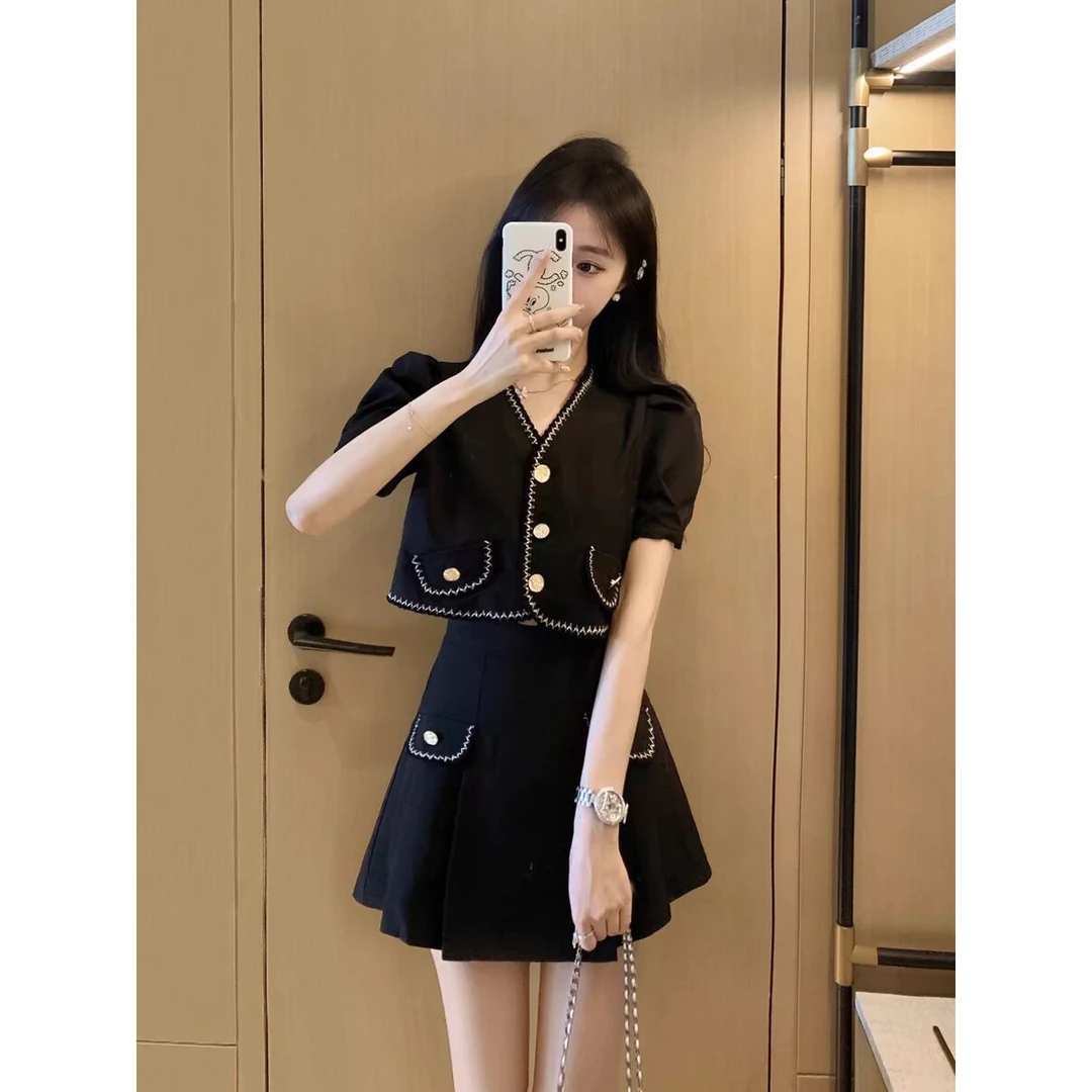 大码网红气质小香风套装女夏季新款时尚高级感上衣+半身裙两件套