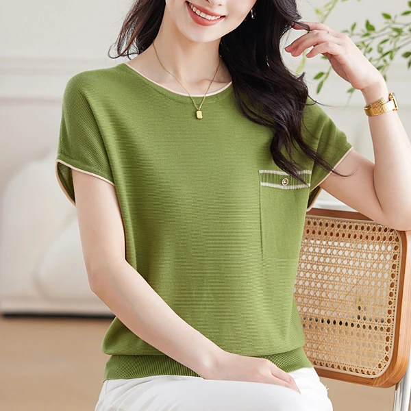 【天丝】洋气蝙蝠衫薄款宽松短袖2024高贵套头百搭女上衣大码针织衫