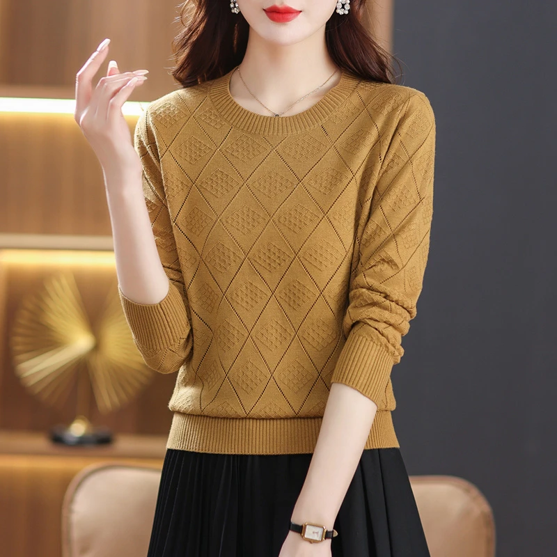 洋气2025年春秋季新款镂空圆领毛衣女宽松百搭显瘦高档针织打底衫