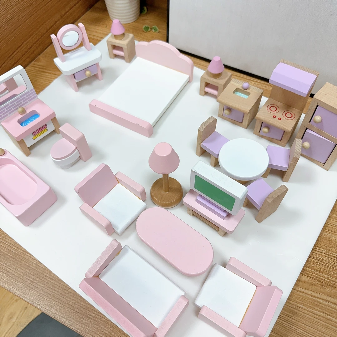 榉木仿真家具儿童过家家娃娃房配件小家具套装礼物木制女孩玩具