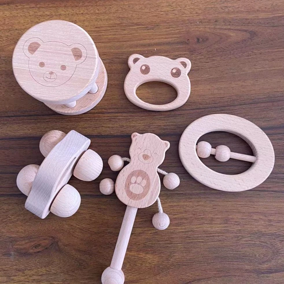 婴幼儿啃咬5件套6·12个月宝宝榉木原木无漆拨浪鼓摇铃小车玩具
