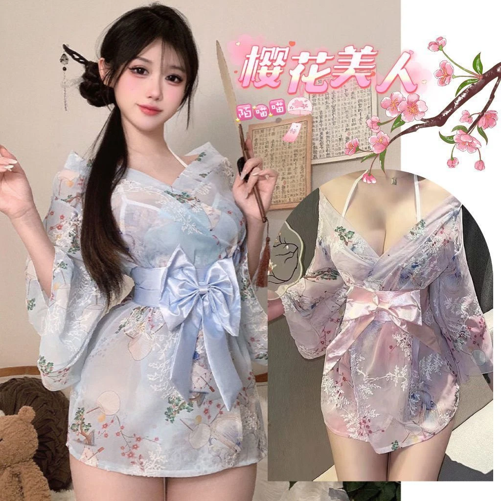 日系性感风深V领和服连衣裙收腰蝴蝶结丝少女修身微喇袖制服短裙