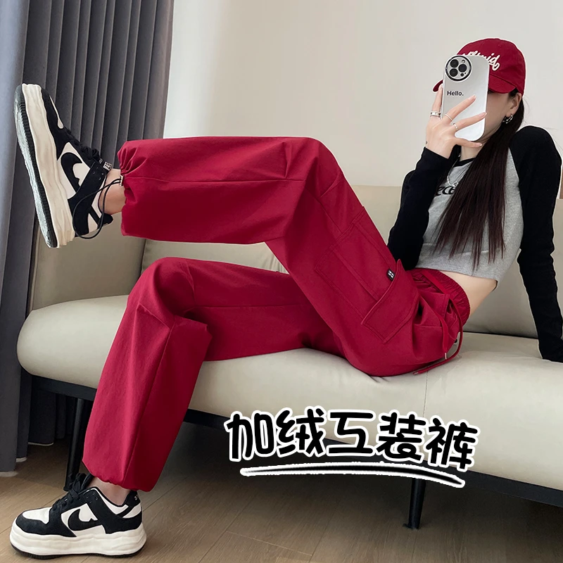 加绒高腰窄版工装裤女秋季2023新款抽绳束脚登山裤百搭美式运动裤