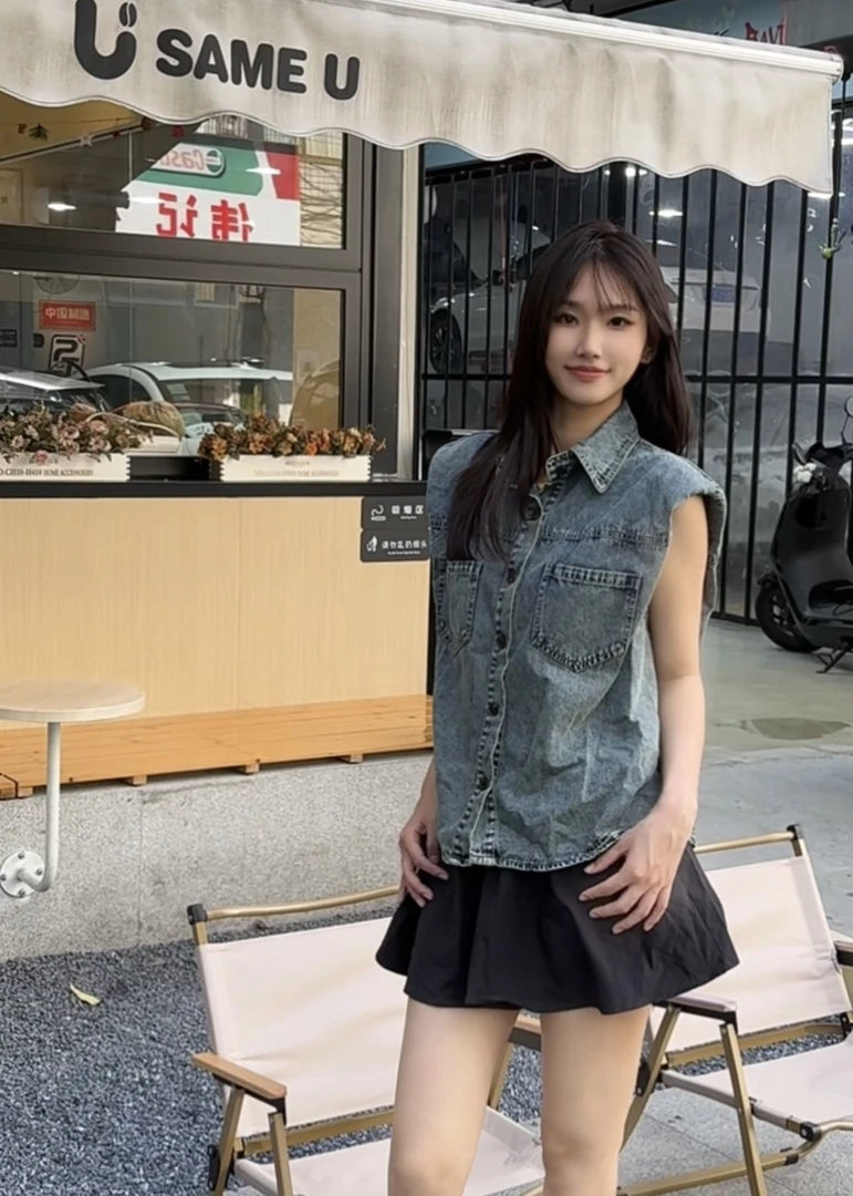 夏季无袖牛仔垫肩上衣设计感小众百搭休闲显瘦时尚套装