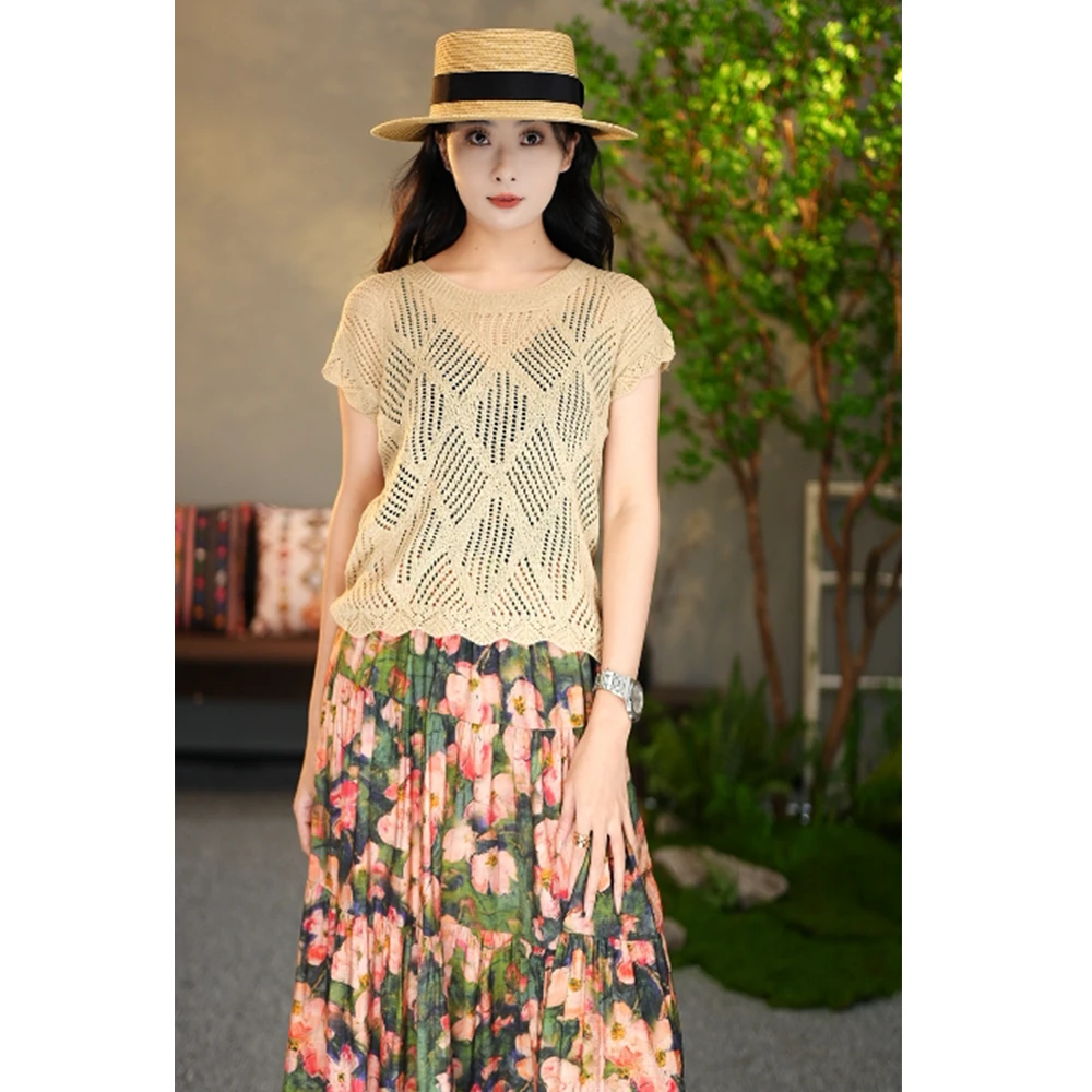 【陶子】镂空冰丝针织衫夏季新款短袖罩衫露背坎肩上衣9991