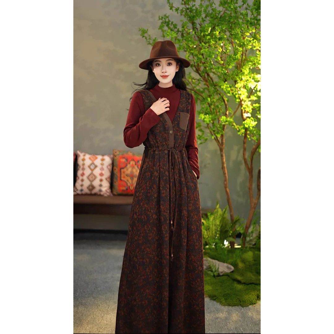 【陶子】*&*草木染复古秋冬文艺风背带裙腰间可调节显瘦款362007