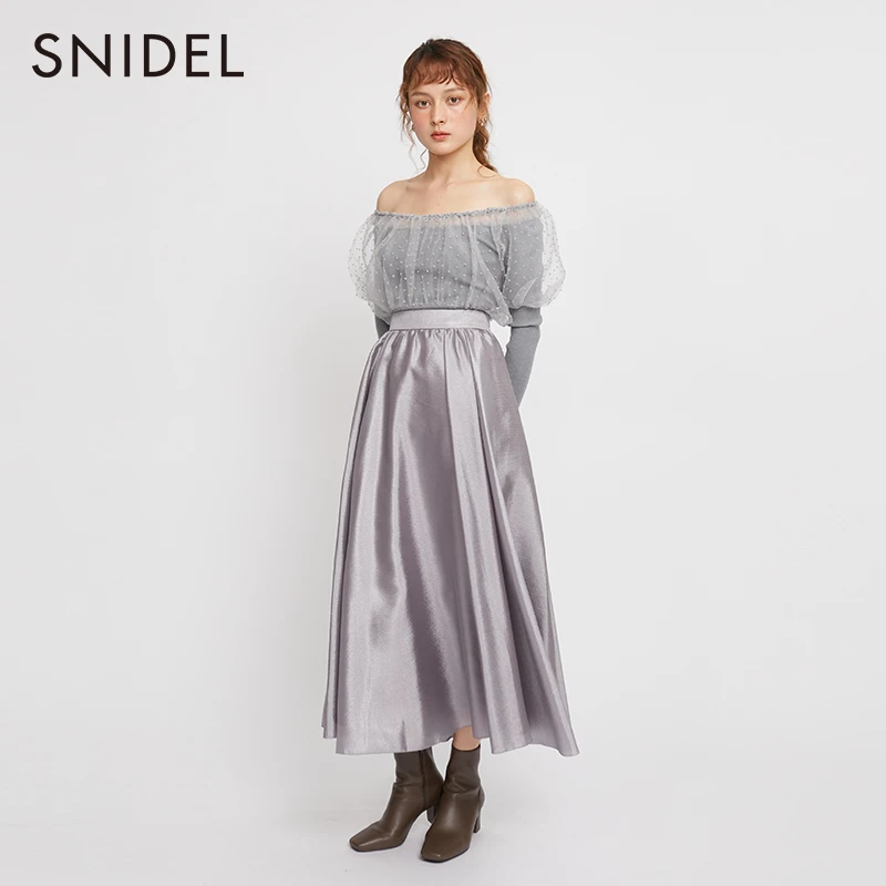 SNIDEL早春款甜美风淑女纯色收腰一字领薄纱拼接针织衫SWNT215063