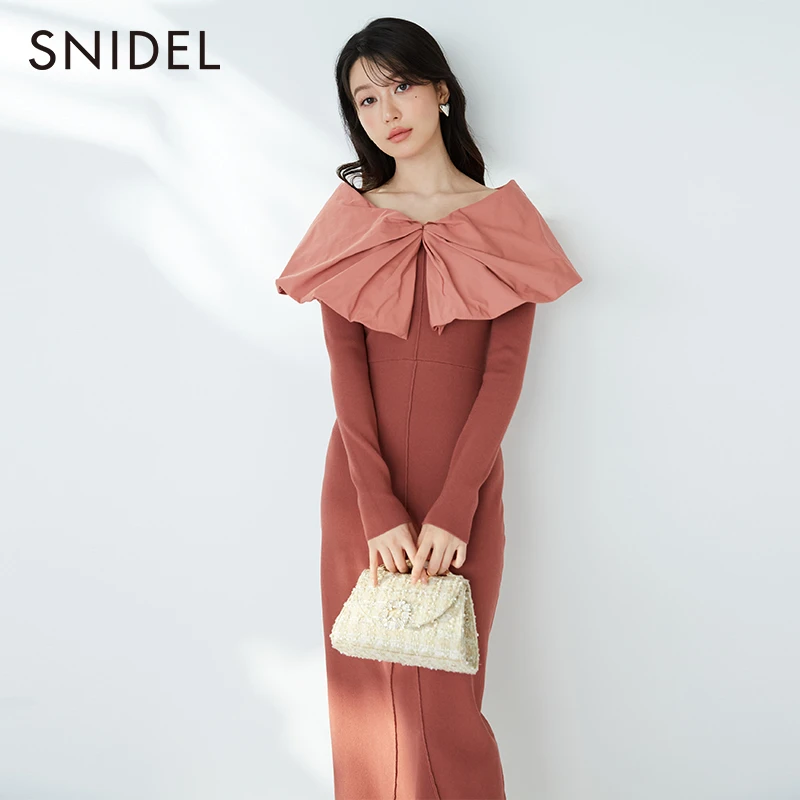 SNIDEL品质女装娃娃领针织收腰修身显瘦连衣裙SWNO234125