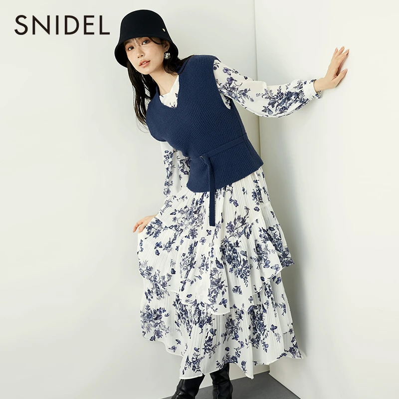 SNIDEL新品优雅系带针织背心印花连衣裙两件套SWNO235027