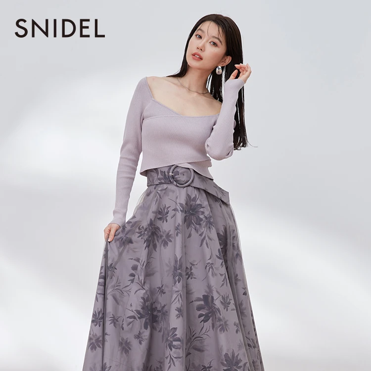 SNIDEL新品甜美风气质交叉罗纹露肩短款针织衫上衣SWNT234294