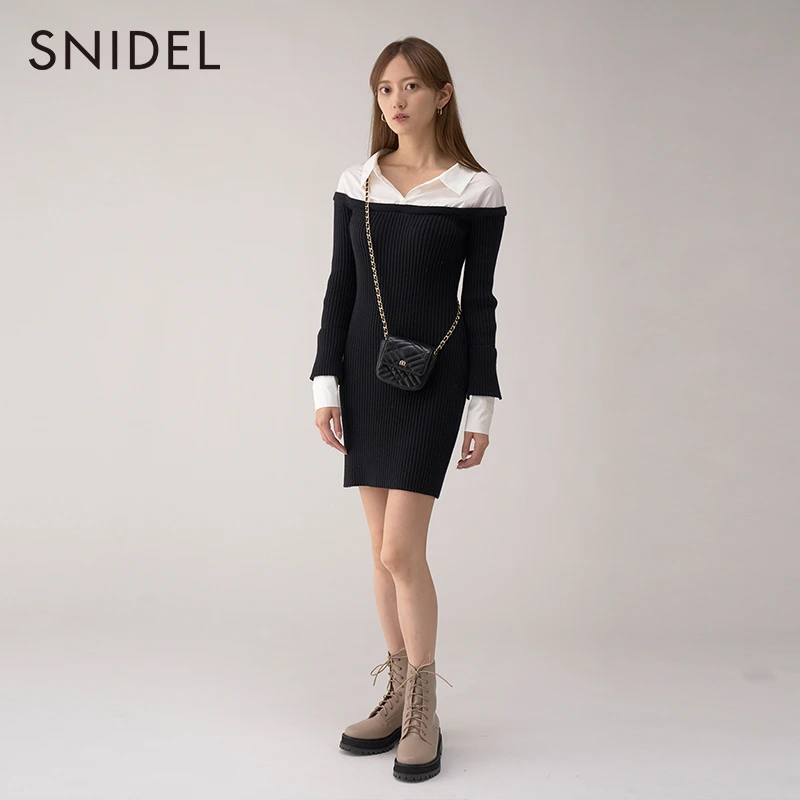 SNIDEL秋冬新品优雅修身假两件衬衫拼接针织连衣裙SWNO225056