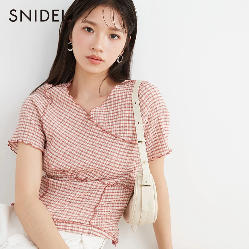 SNIDEL春夏款优雅气质格纹木耳边收腰系带短袖上衣SWCT232159