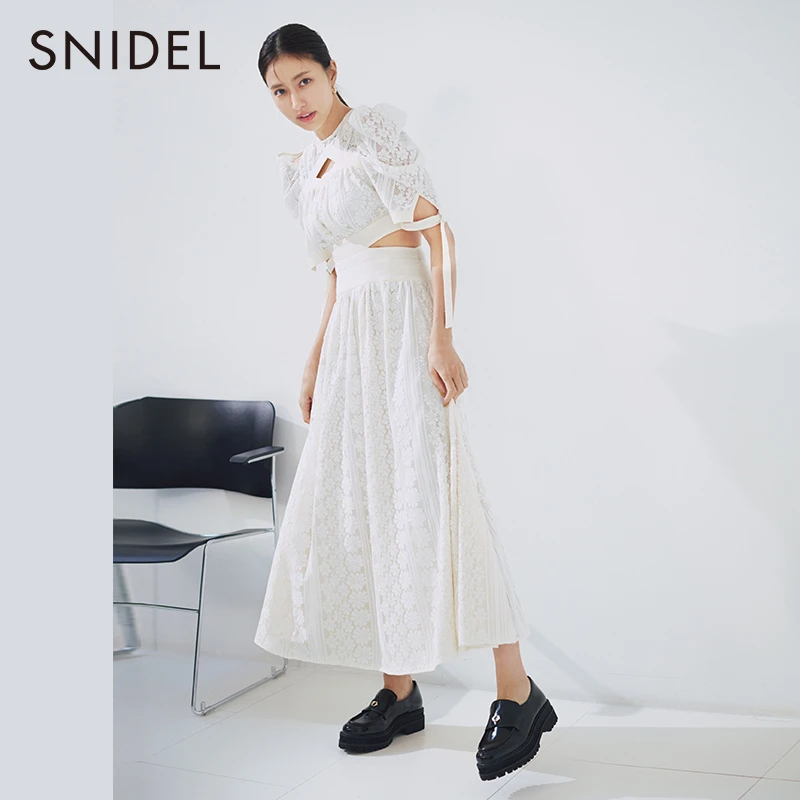 SNIDEL春夏款甜美显瘦泡泡袖镂空露腰系带连衣裙尤莱特SWFO231087