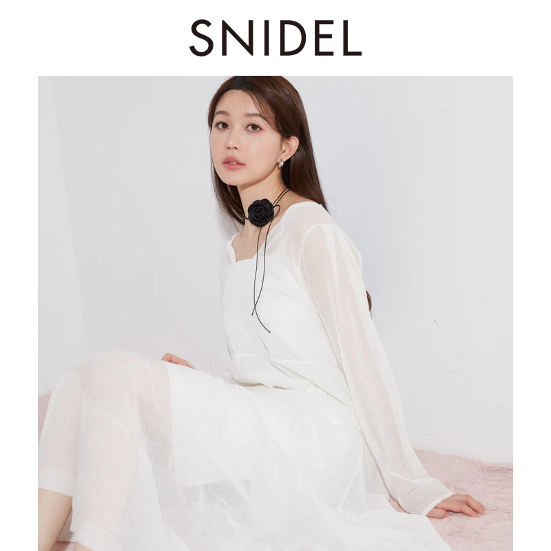 SNIDEL新品气质甜美纯色V领微透针织连衣裙伞裙SWNO241231
