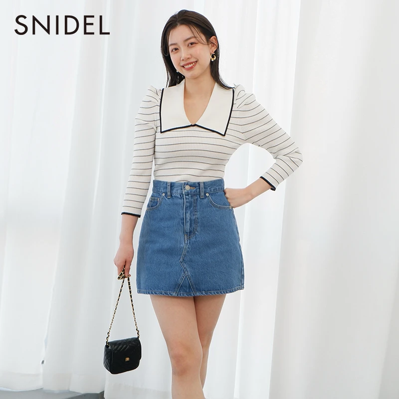 SNIDEL款品质女装翻领泡泡袖罗纹针织衫SWNT231234