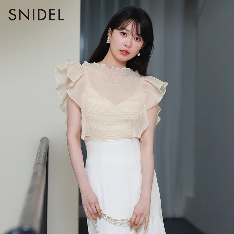 SNIDEL春夏款淑女荷叶袖薄纱透视雪纺衬衫上衣尤莱特SWFB232078