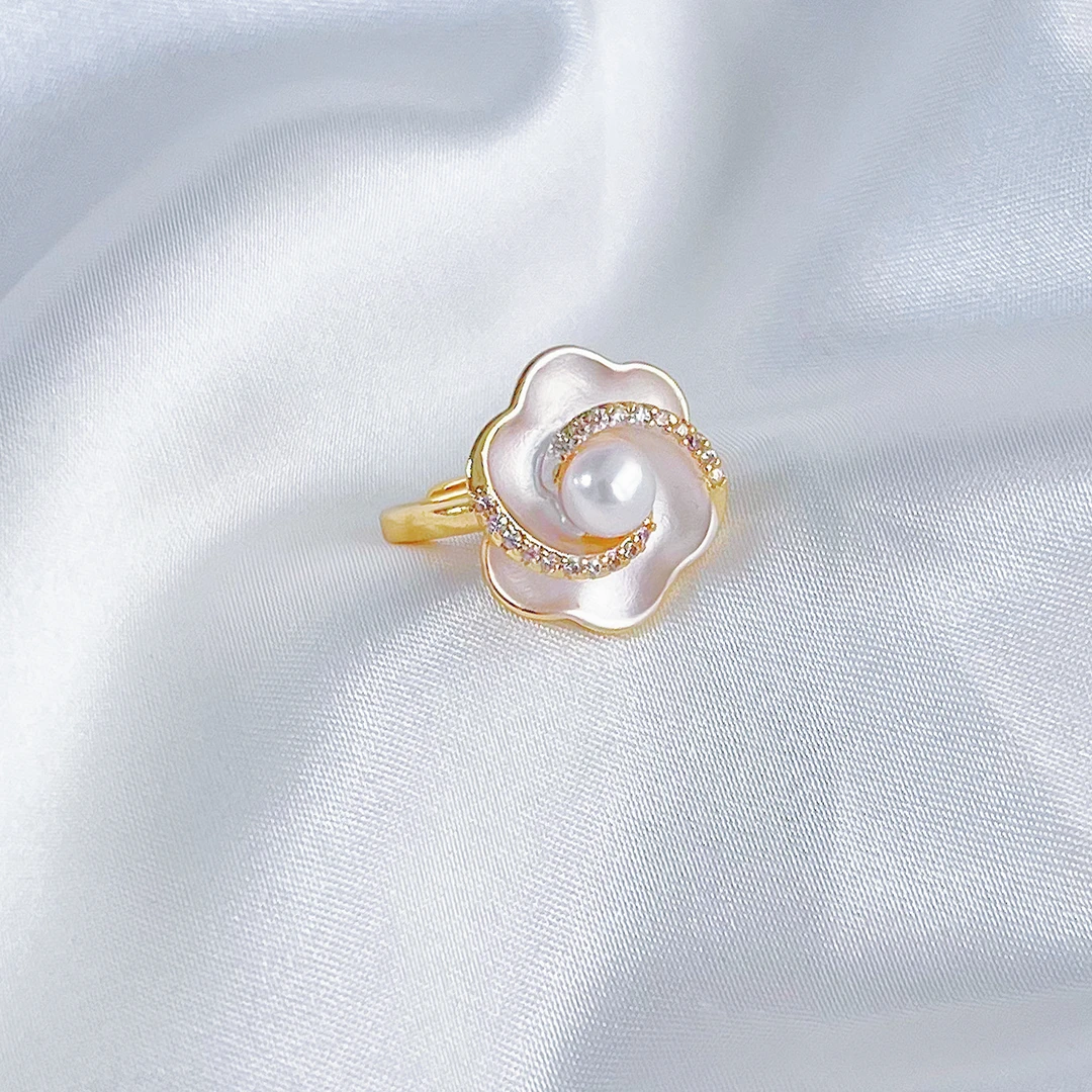 【5A级 镀18K金】6-7mm天然淡水珍珠开口可调节戒指珐琅花朵L013
