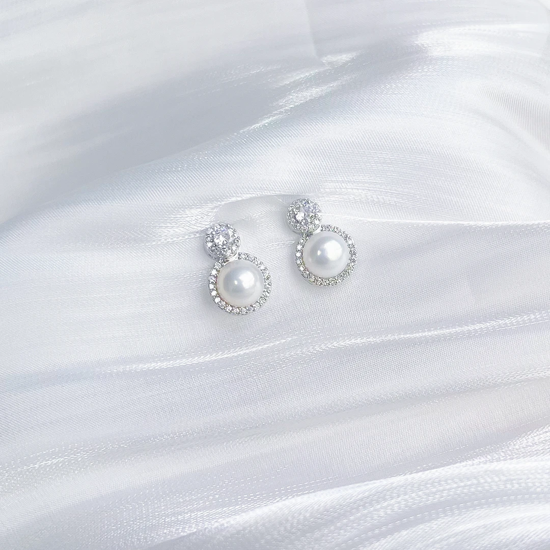 【5A级 S925银针镀18K金】7-8mm天然淡水珍珠耳饰耳钉微镶王妃SJ044