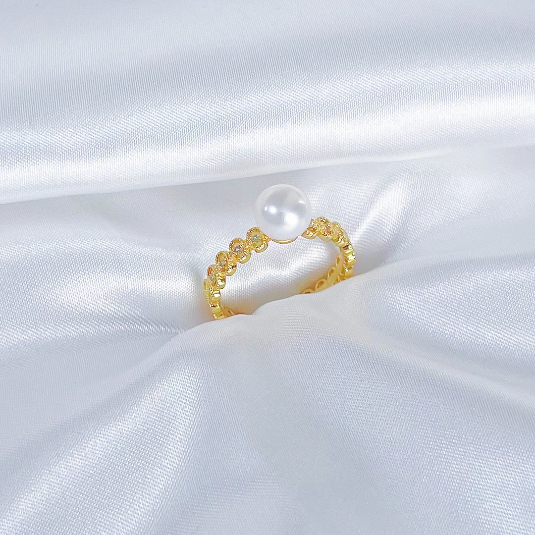 【5A级 银镀18K金】8-9mm淡水珍珠开口戒指点镶戒指L018