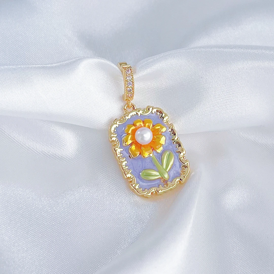 【5A级 链镀18K金】不含项链淡水珍珠项链吊坠滴釉向日葵H120