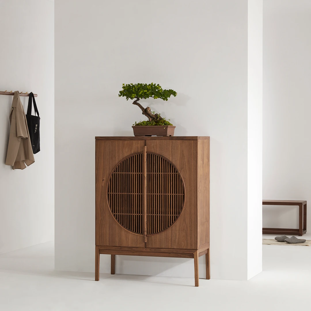 新中式玄关柜黑胡桃木鞋柜禅意茶叶柜边柜实木明月柜白橡木储物柜