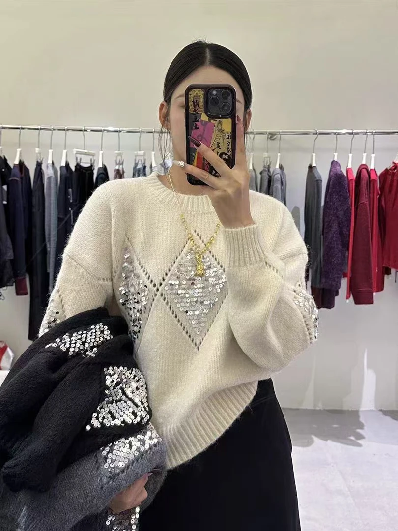 复古重工亮片高级感圆领套头毛衣女装秋冬慵懒风宽松针织上衣220