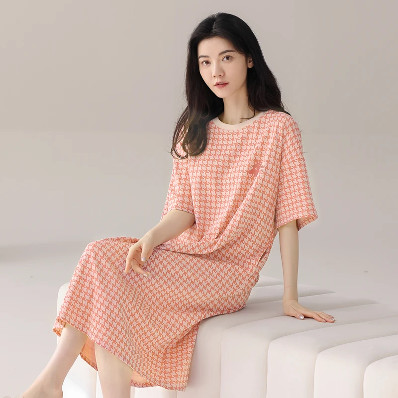 猫人春秋纯棉睡衣女简约休闲圆领千鸟格宽松居家家居服睡裙女夏天