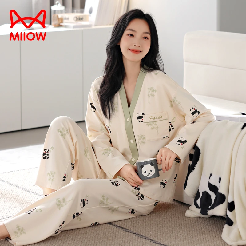 猫人带胸垫新款2025爆款纯棉开衫睡衣长袖长裤女款家居服秋季套装