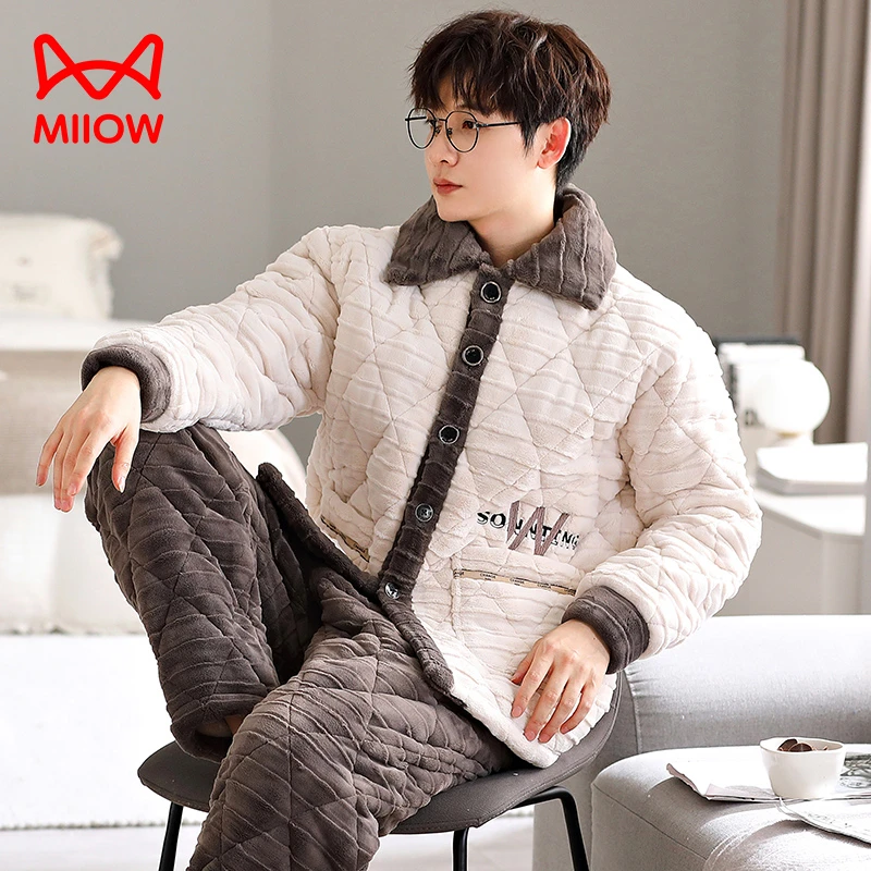 猫人三层夹棉袄珊瑚绒睡衣男冬季加厚加绒冬天时尚立领家居服套装