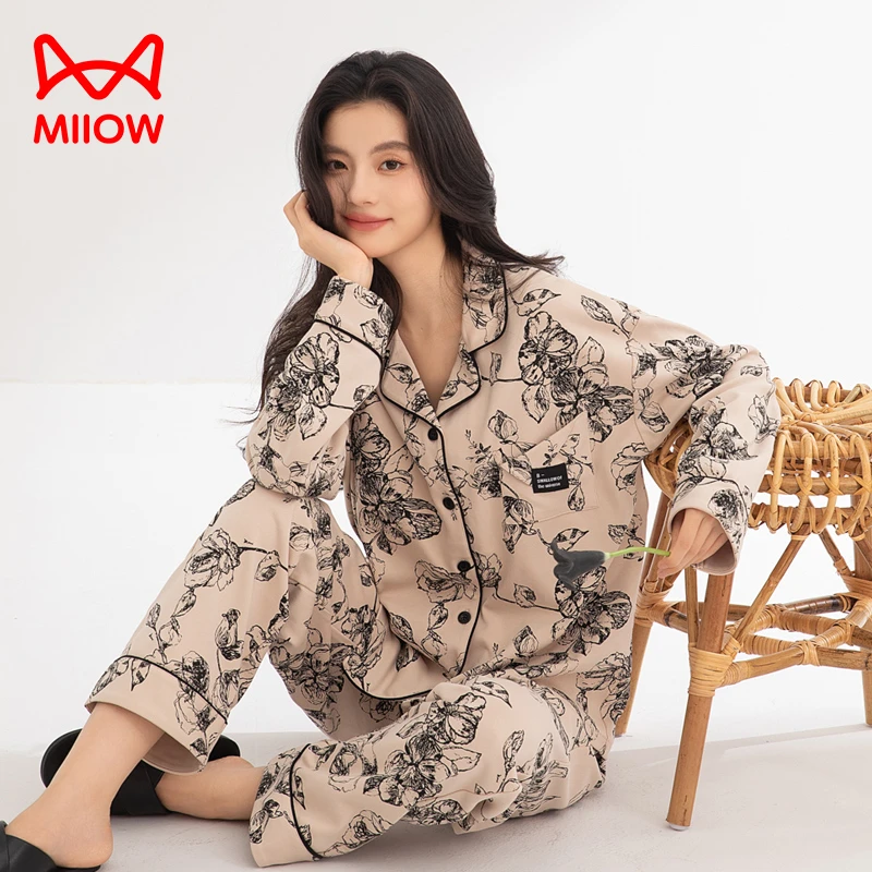 猫人秋季2025新款带胸垫爆款纯棉睡衣高级开衫长袖长裤套装家居服