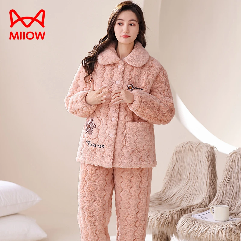猫人珊瑚绒睡衣女冬季三层加厚加绒夹棉保暖柔软亲肤女士家居服