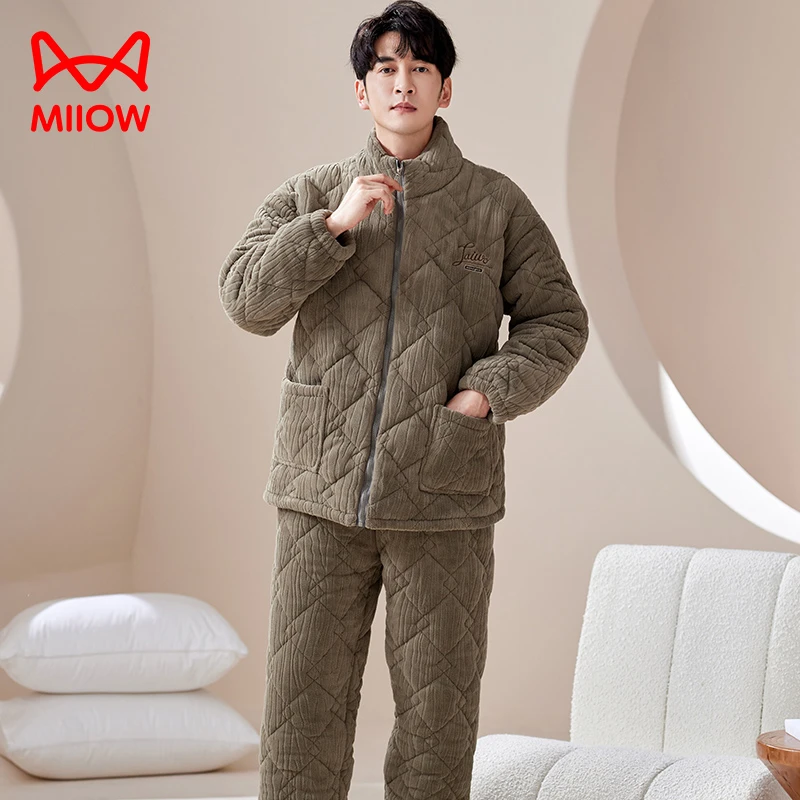 猫人高级感睡衣男士秋冬季拉链款加绒三层夹棉法兰绒家居服可外穿