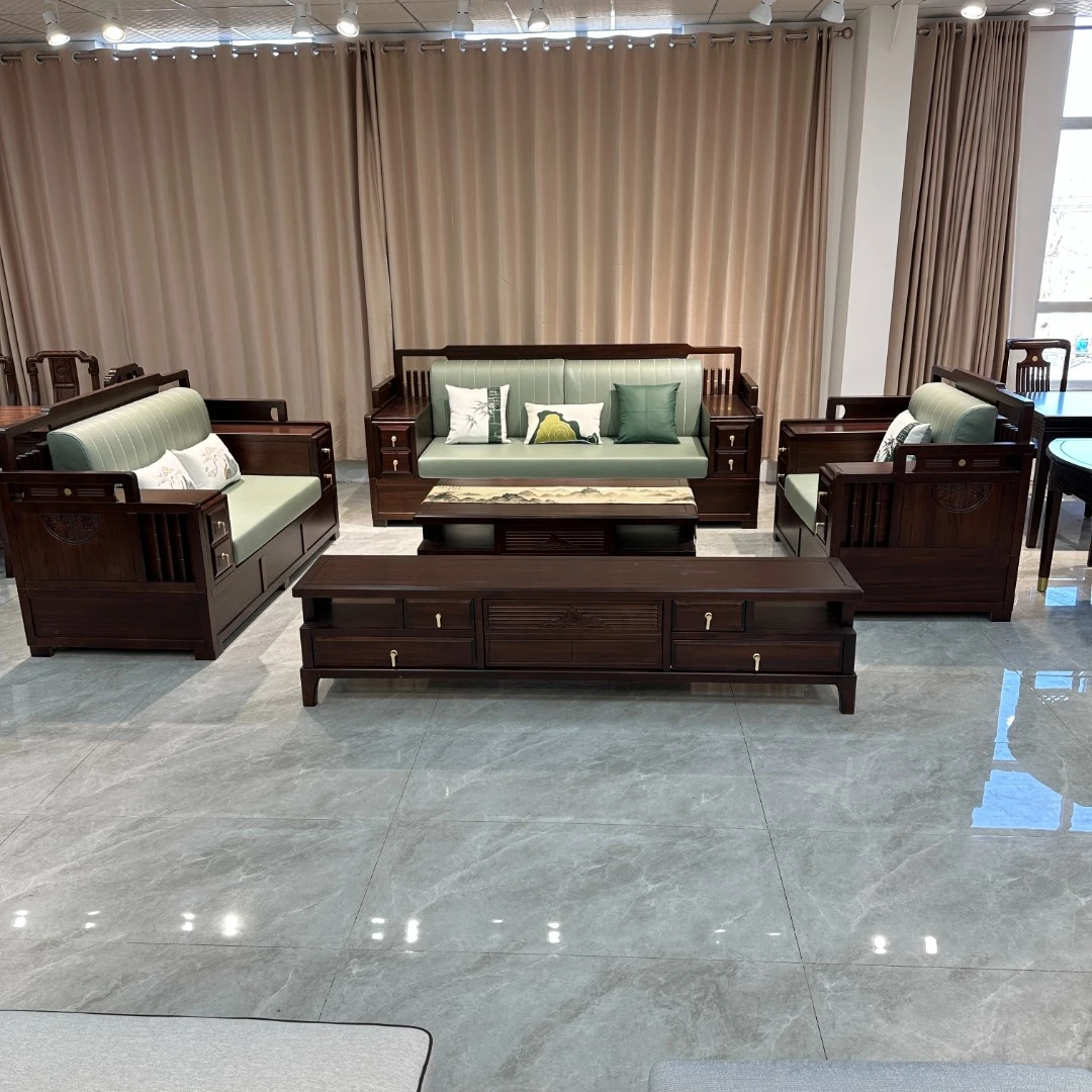 新中式成套实木沙发储物组合别墅大小户型客厅乌金木家用两用