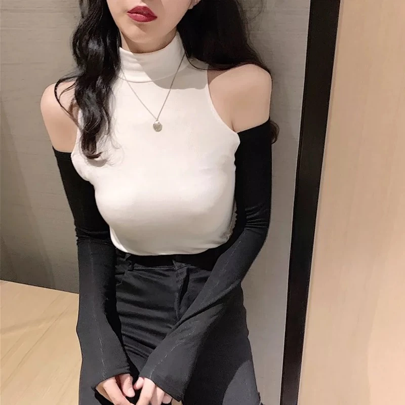 辣妹风露肩性感上衣黑色内搭半高领紧身打底衫长袖t恤女洋气百搭