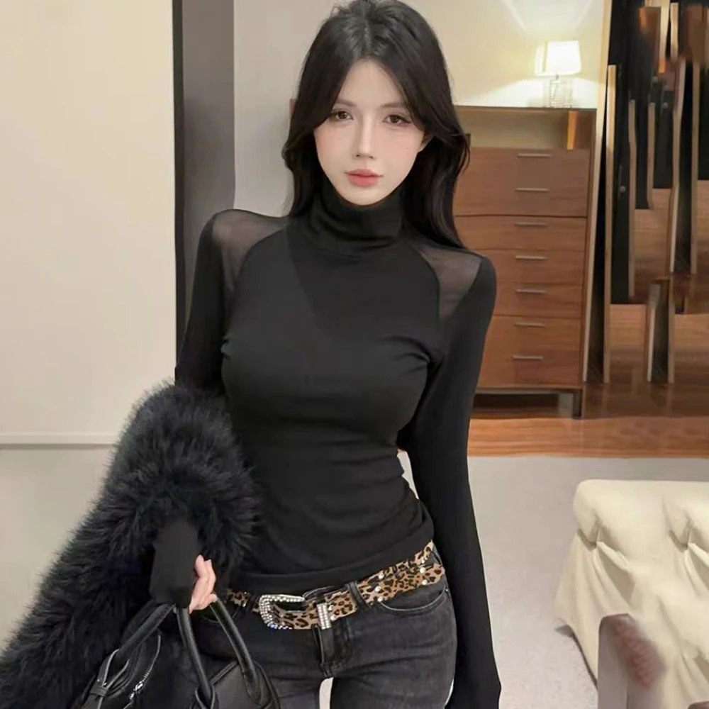 黑色性感网纱拼接高领长袖t恤女秋冬加绒辣妹修身显瘦打底衫上衣