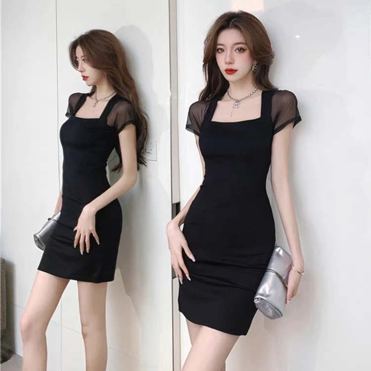2024新款炸街辣妹性感方领连衣裙紧身收腰显瘦短款网纱拼接包臀裙
