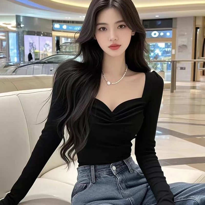 法式气质黑色方领褶皱上衣女秋季纯欲辣妹修身长袖t恤性感打底衫