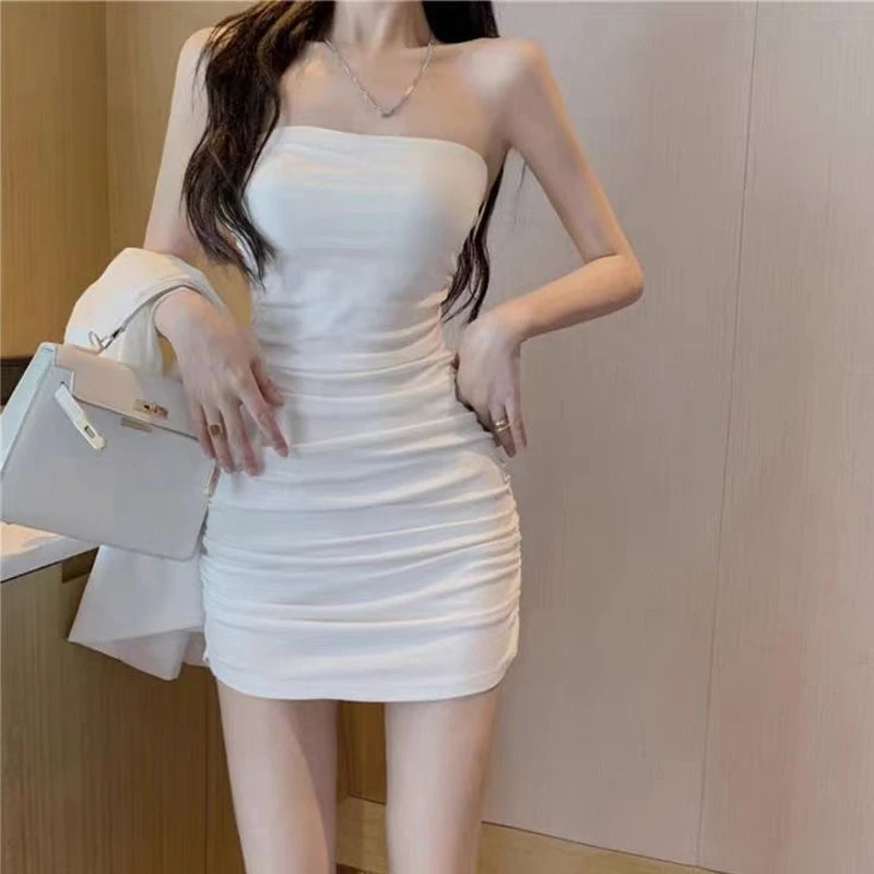 夏季新款女装白色小个子收腰遮肚包臀短裙春夏紧身辣妹抹胸连衣裙