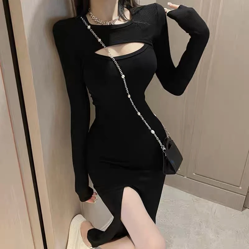 秋季内搭中长款连衣裙女性感镂空包臀小黑裙修身显瘦气质开叉长裙
