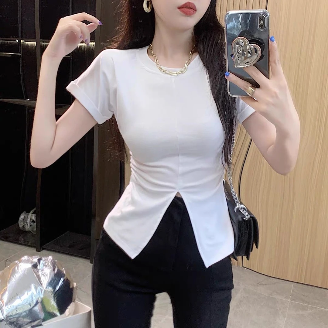 不规则ins正肩显瘦t恤女2022夏季短款别致设计感小众纯欲上衣潮