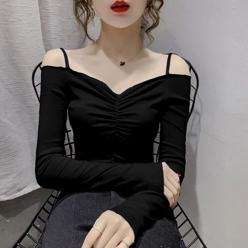 秋季洋气性感露肩一字肩上衣女紧身显瘦短款T恤气质内搭打底衫ins