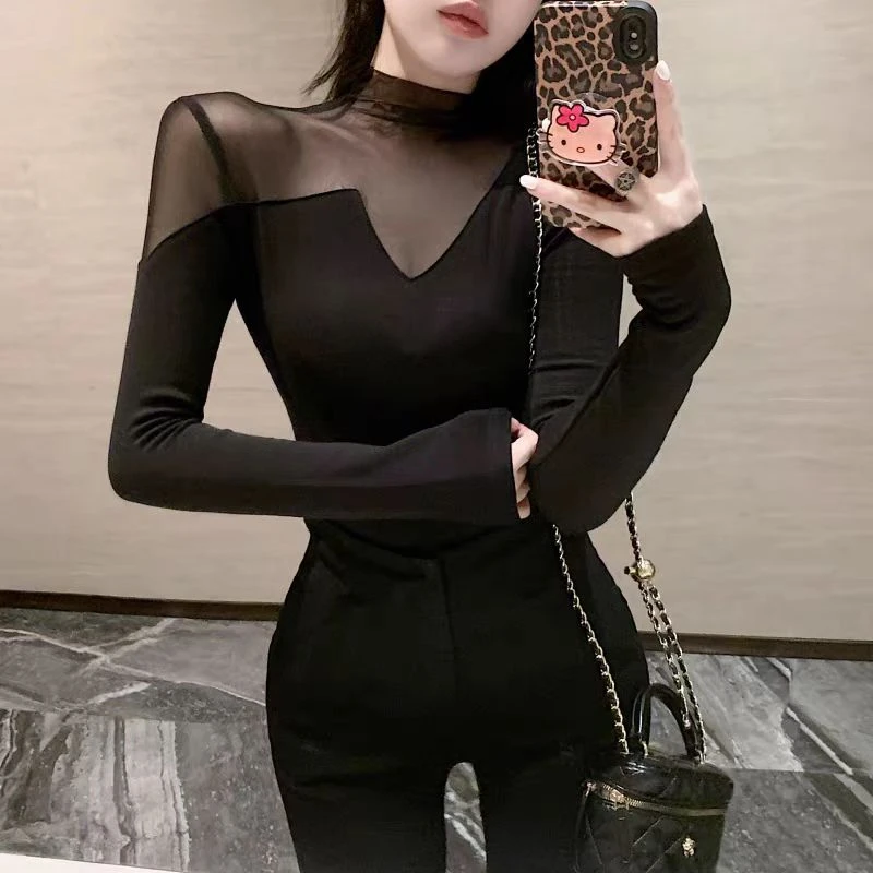 纯欲辣妹性感透视上衣女秋冬半高领加绒网纱打底衫内搭高级可外穿