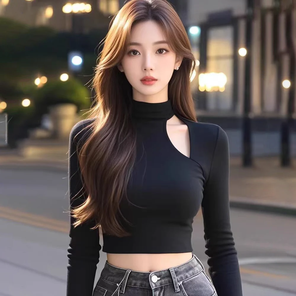 秋冬别致甜辣妹不规则镂空半高领打底衫女内搭设计感修身短款上衣