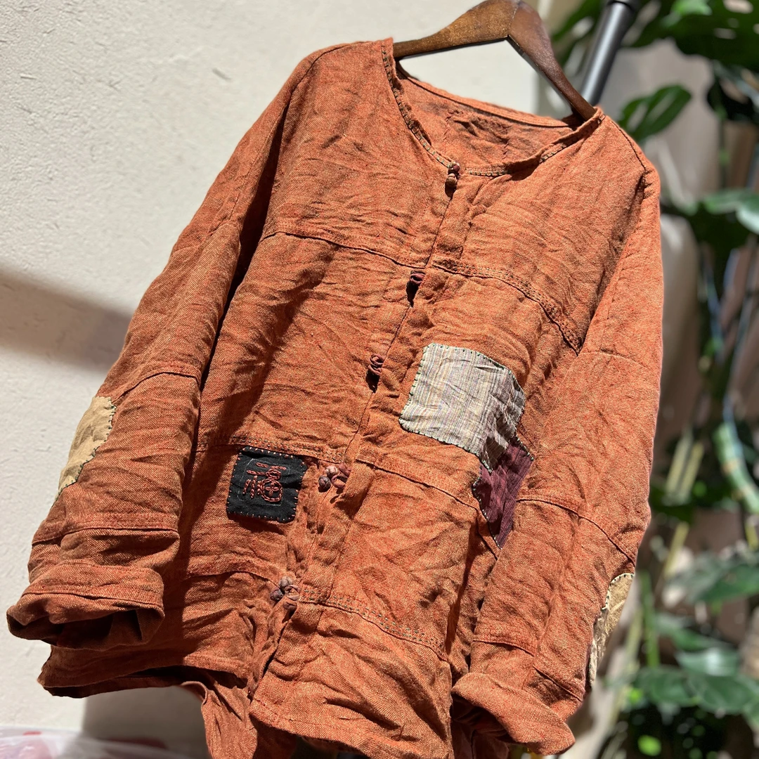 沐布衣23601色织亚麻多拼葡萄扣上衣