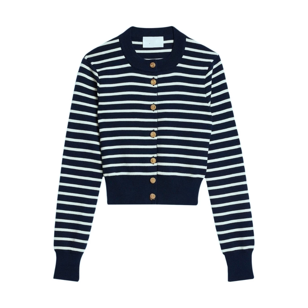 2023秋季蓝色条纹百搭金圆领属纽扣开衫外套长袖针织衫 TJ3047