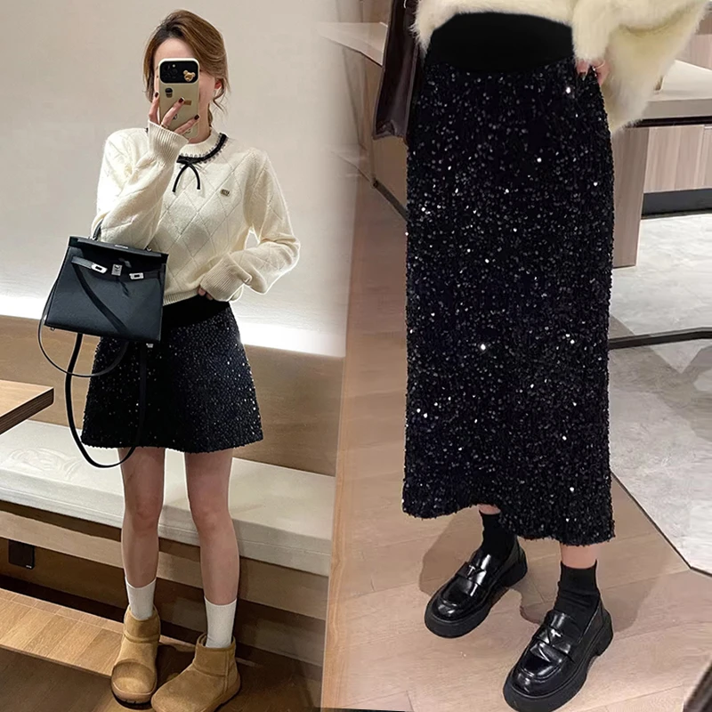 孕妇半身裙时尚亮片女春秋款2025新款显贵珠片闪闪直筒开叉半裙子