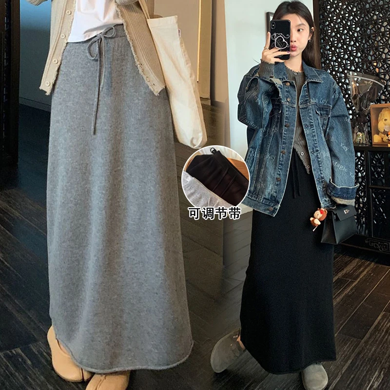 孕妇装针织半身裙长裙子春秋外穿2025新款韩版卷边中长款显瘦长裙