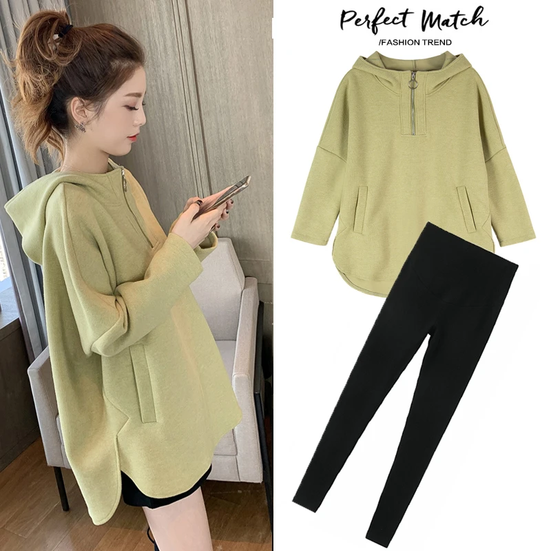 孕妇春装上衣新款宽松连帽加绒卫衣前短后长套头减龄小个子春秋款